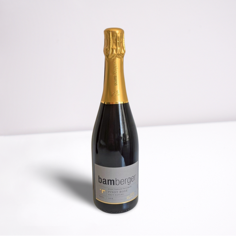 Bamberger Pinot Rosé BN Schwarze Sektflasche mit goldener Kapsel und grauer Etikette. Bamberger Pinot Rosé BN