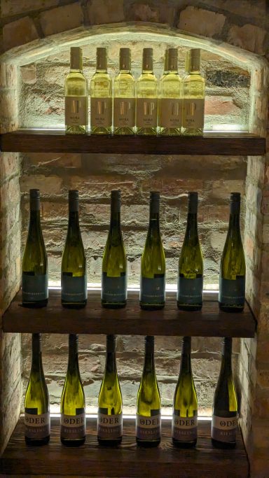 Weingut Patke Regalierte Weinflaschen in einem Steinkeller auf Holzregalen.